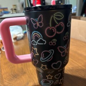 Black Mug with Pink Handle and Colorful Designs